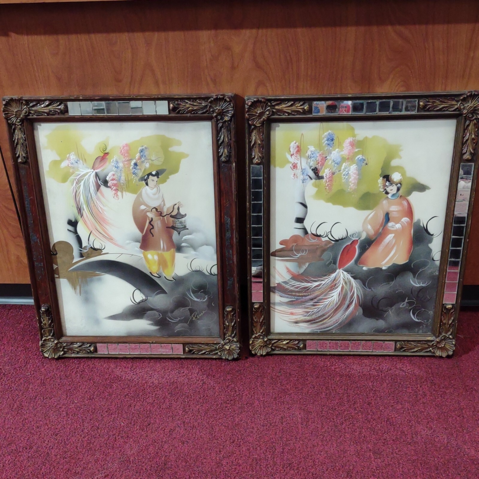 Vintage Asian Japan Painting Mid century artist Remar Gouache tramp art frame