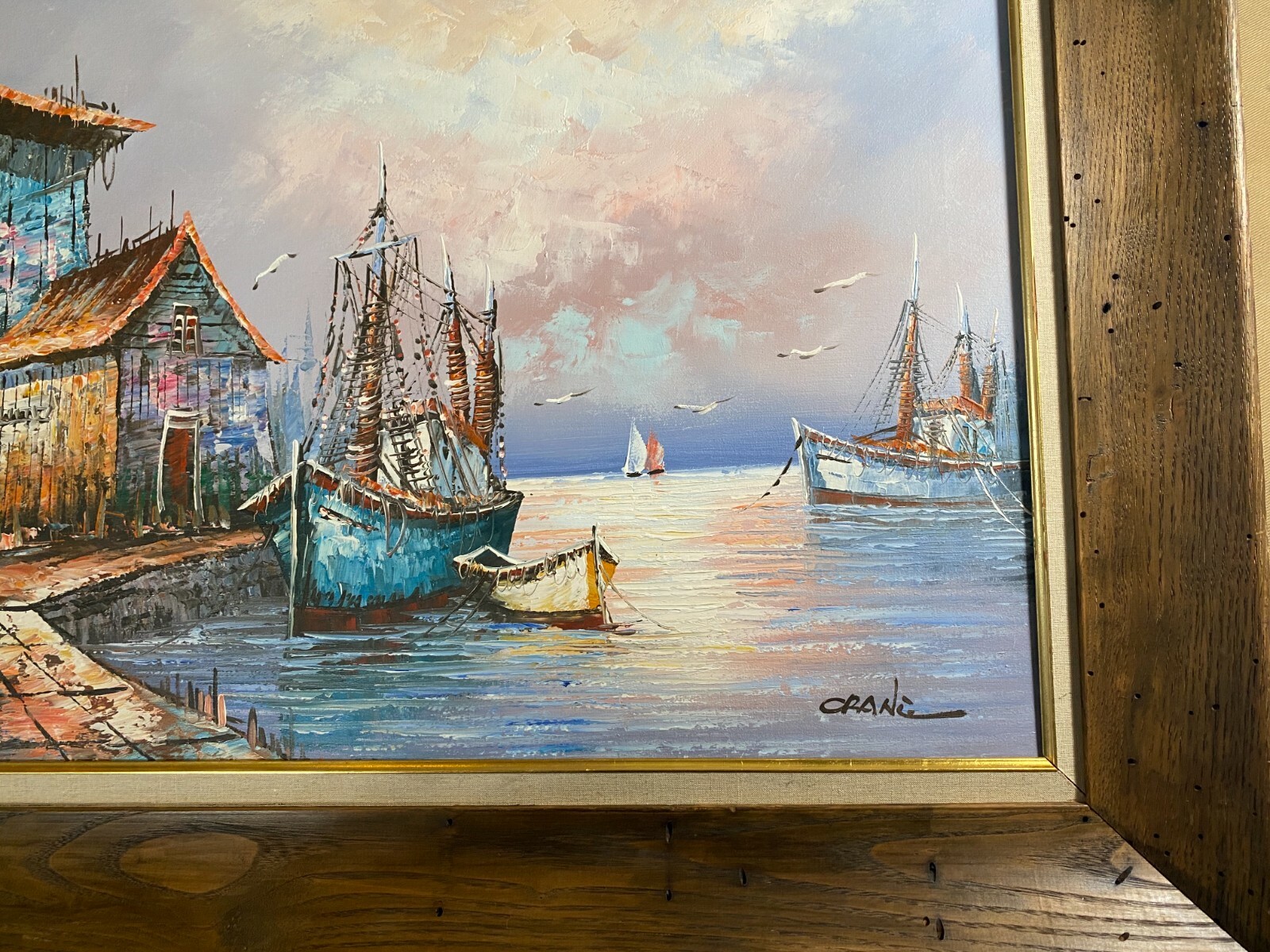 Large Vintage Crane “Moored Fishing Boats” Oil Painting – Signed And Framed