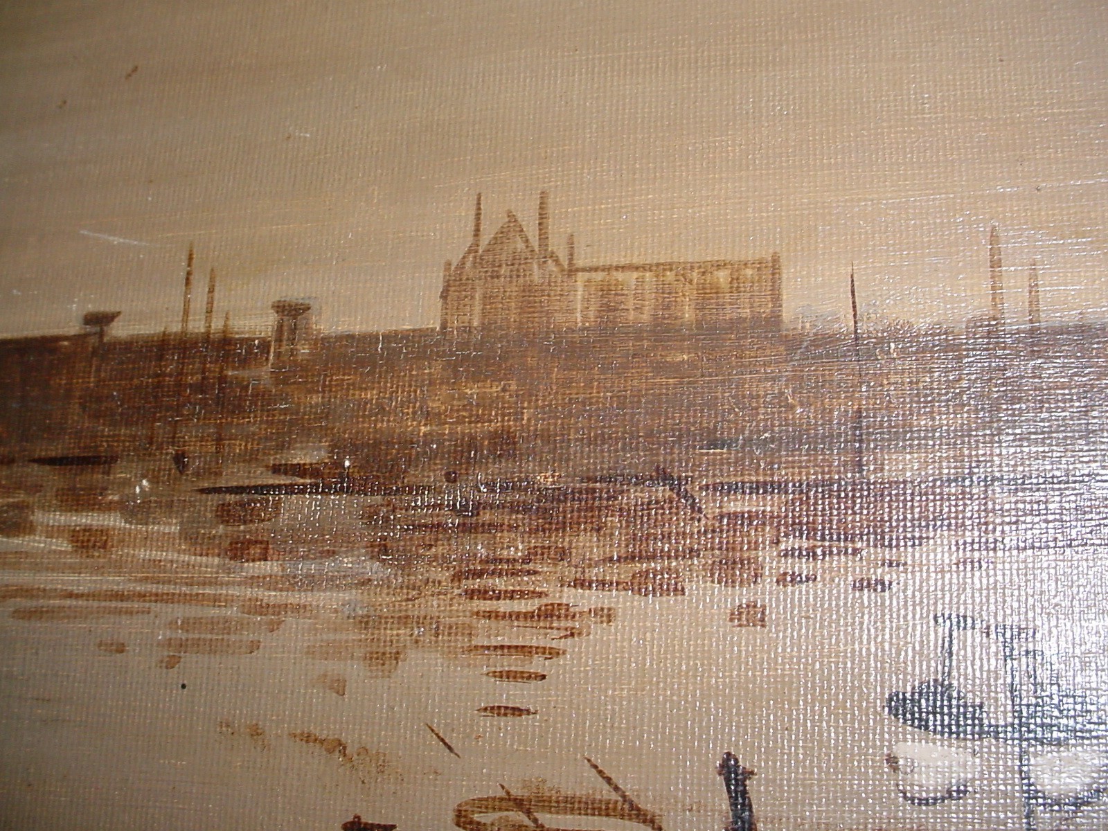 OLD DARK IMPRESSIONIST PAINTING EXOTIC HARBOR SCENE FOREIGN PORT 18 BY 14