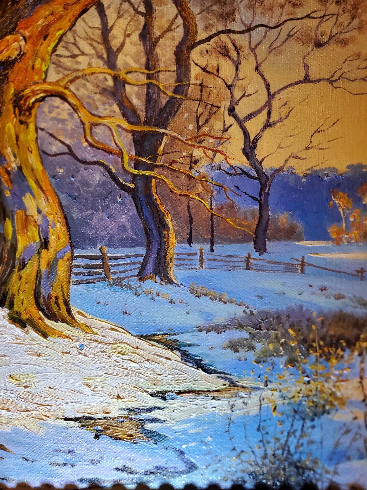 Original Oil Art Framed winter landscape painting with trees and bright blue sky
