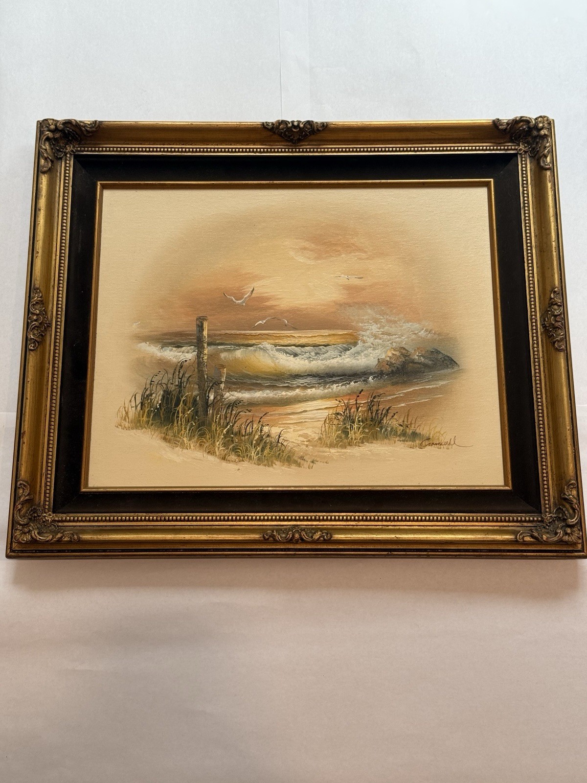 Signed Cromwell Seascape Oil Painting – Framed Coastal Sunset Waves Artwork