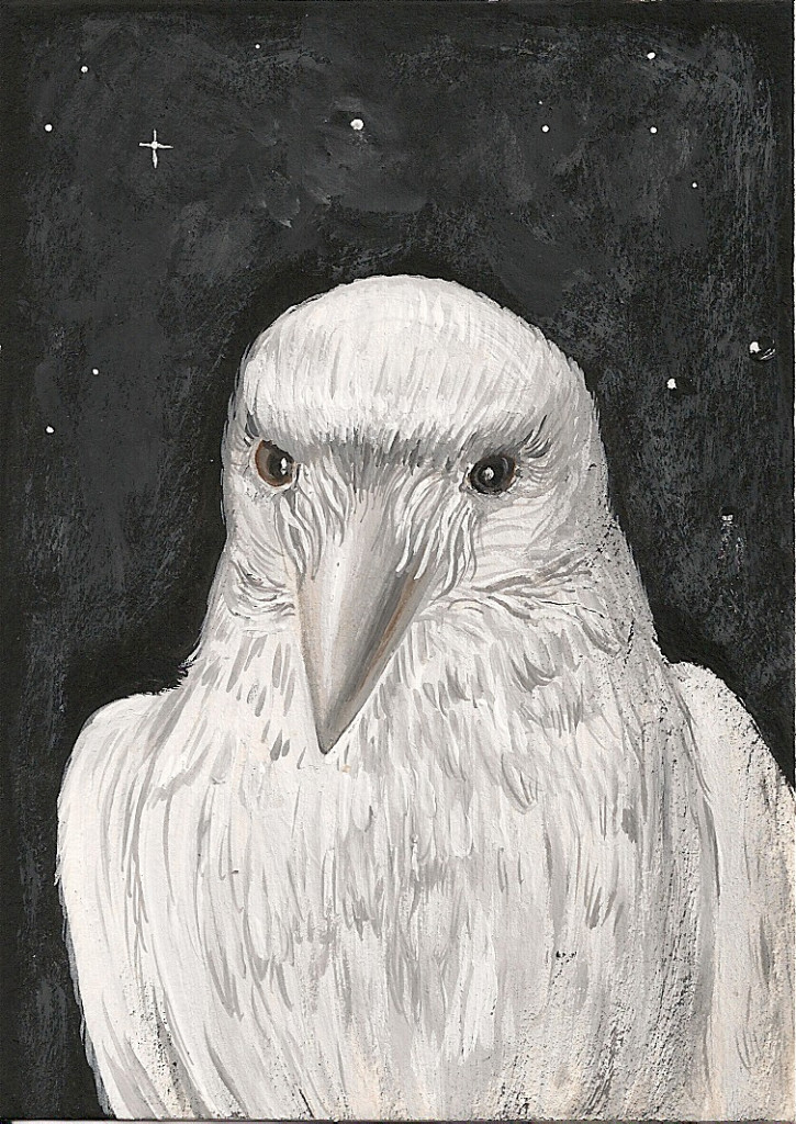 ACEO PRINT OF PAINTING RAVEN WHITE CROW HALLOWEEN FOLK ART WHIMSICAL WICCA ghost