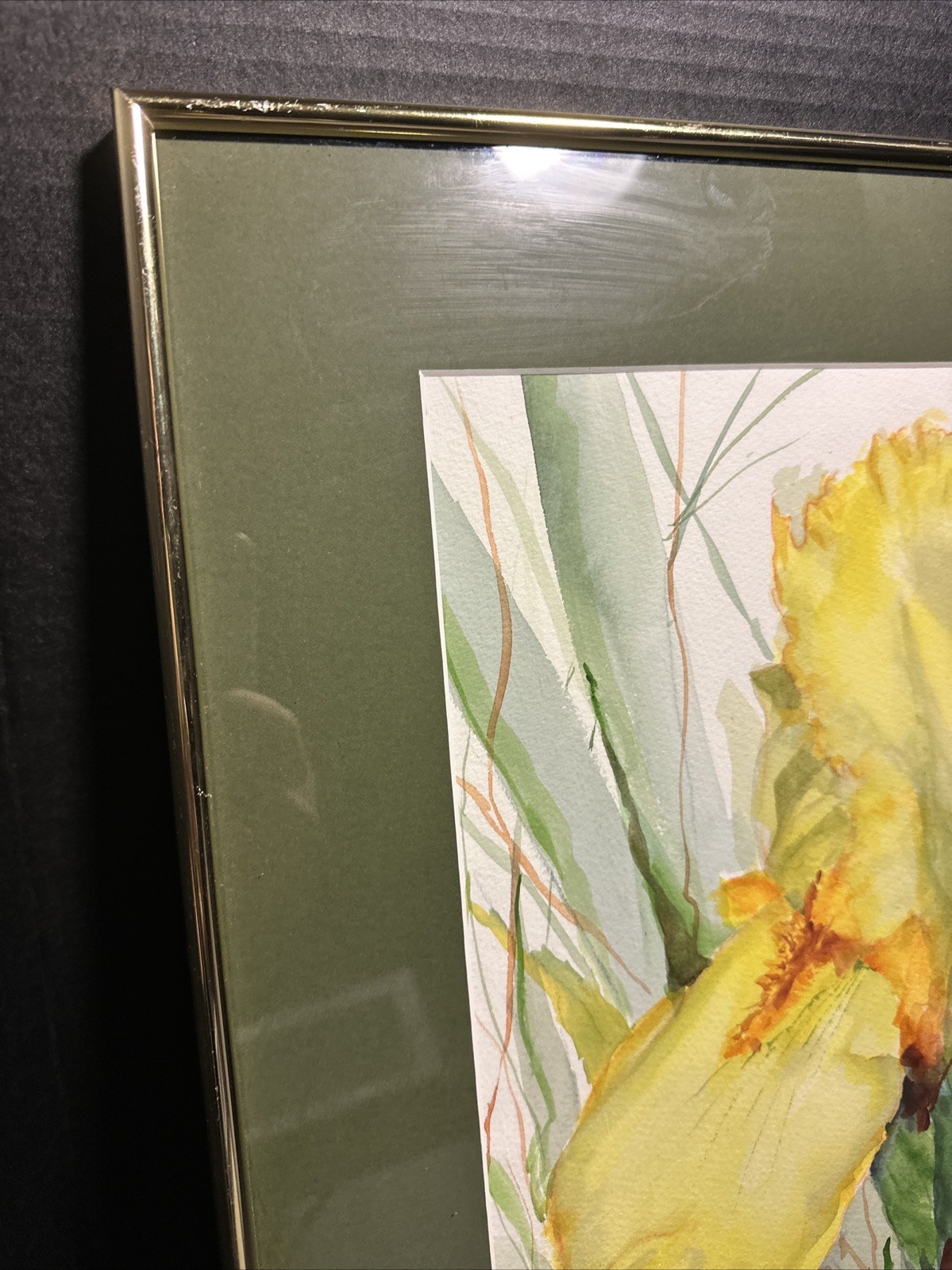 Vintage Watercolor Painting Yellow Iris Signed Framed Floral Art 19×16 #P