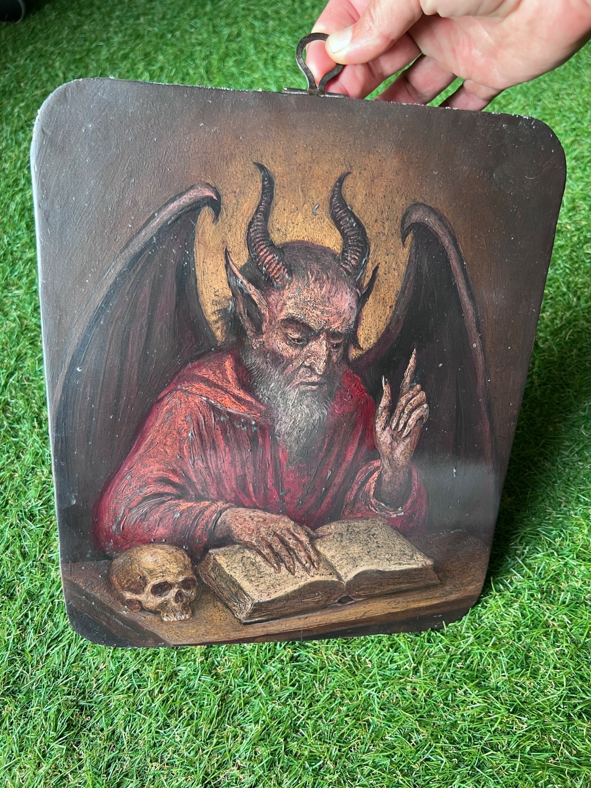 Antique PAINTING Oil skull devil Gothic MEMENTO MORI VICTORIAN vanitas art old