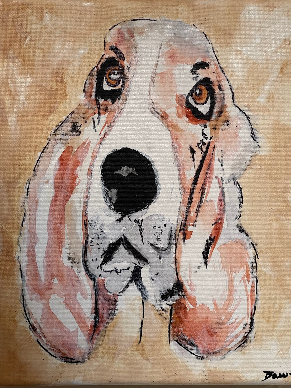 Seasoned Art Puppy Love eyes hand painted animal portrait Bassett hound dog love