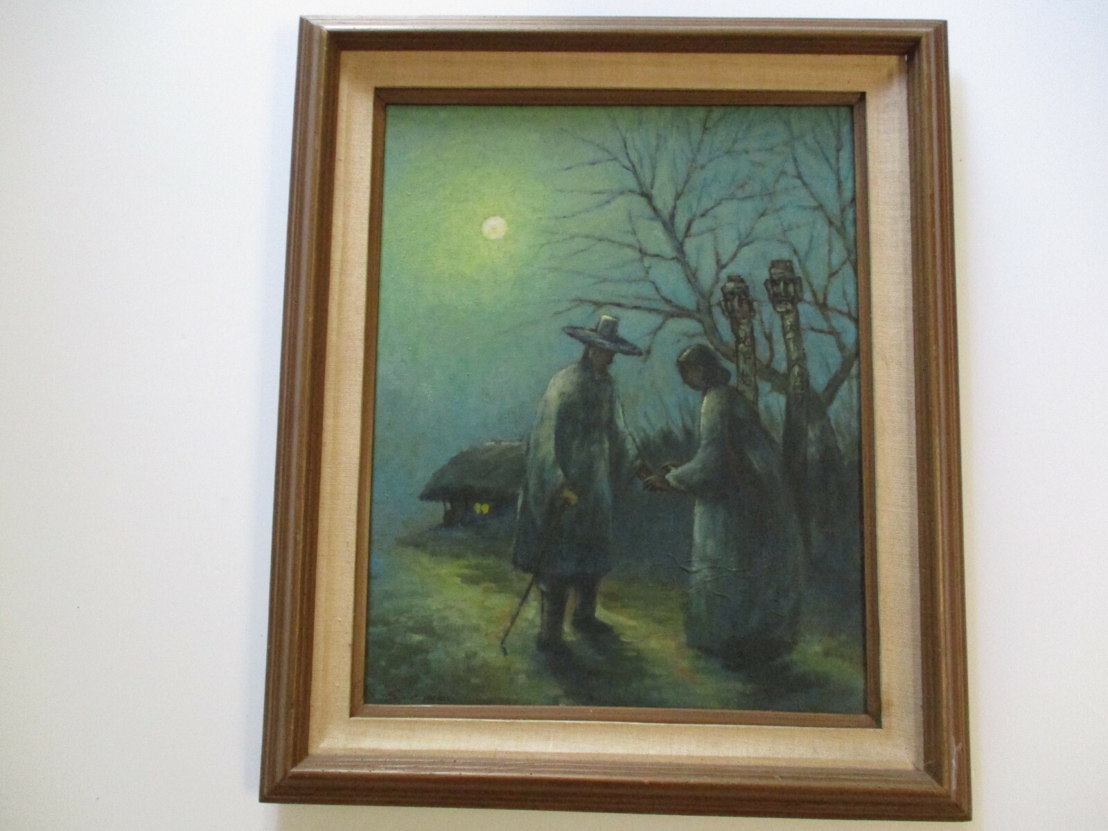 Mid Century Painting Night Moon Lit Landscape Figures Modernism Impressionism