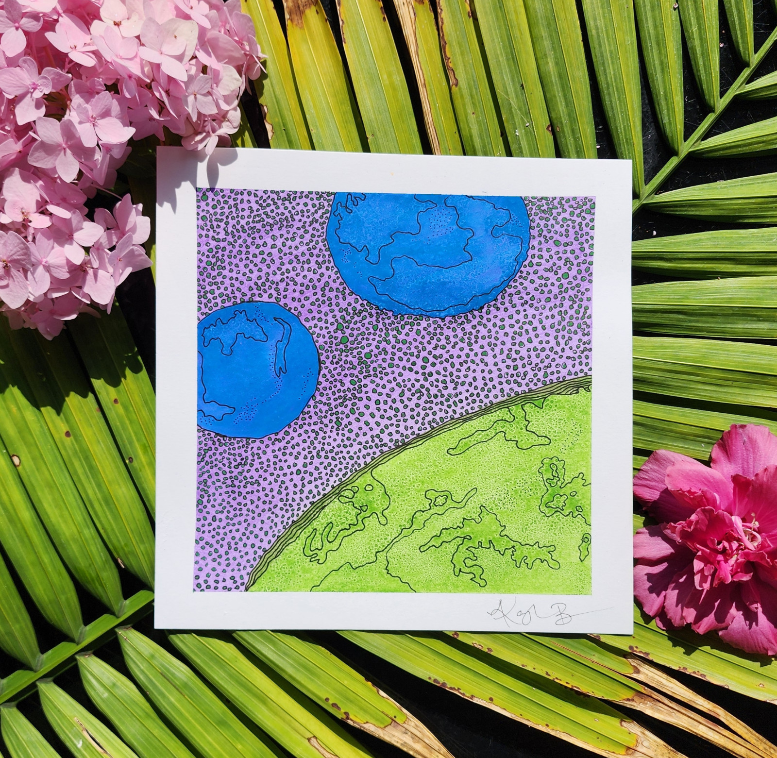 Original Watercolor, space, celestial, planets, green blue, stars, 8″ x 8″