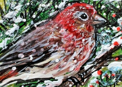 ORIGINAL ACEO Bird PAINTING House FINCH Winter Snow Pine Tree Nature ATC ART