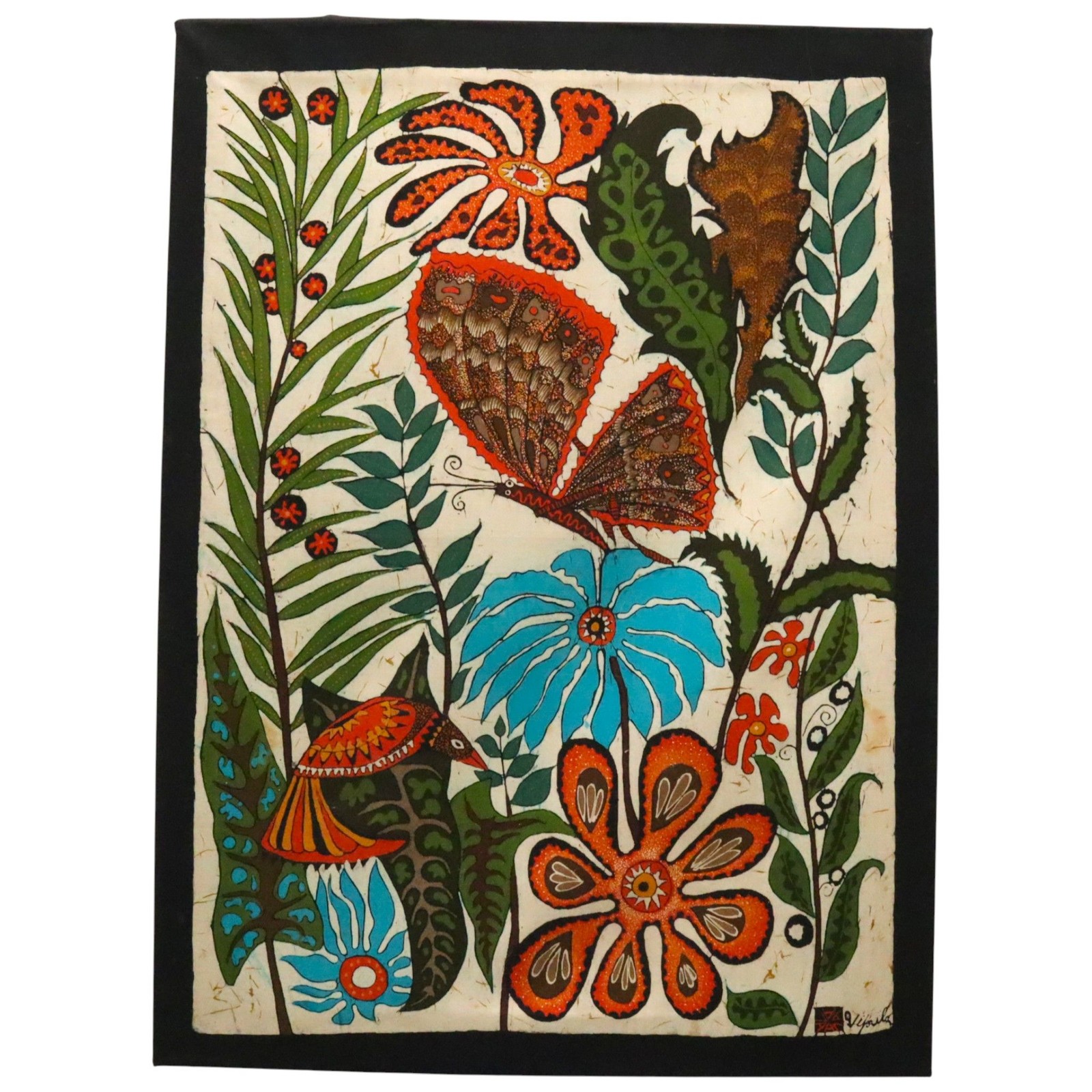 Vipula Dharmawardena Batik Textile Folk Art Floral Butterfly Bird Sri Lanka Silk