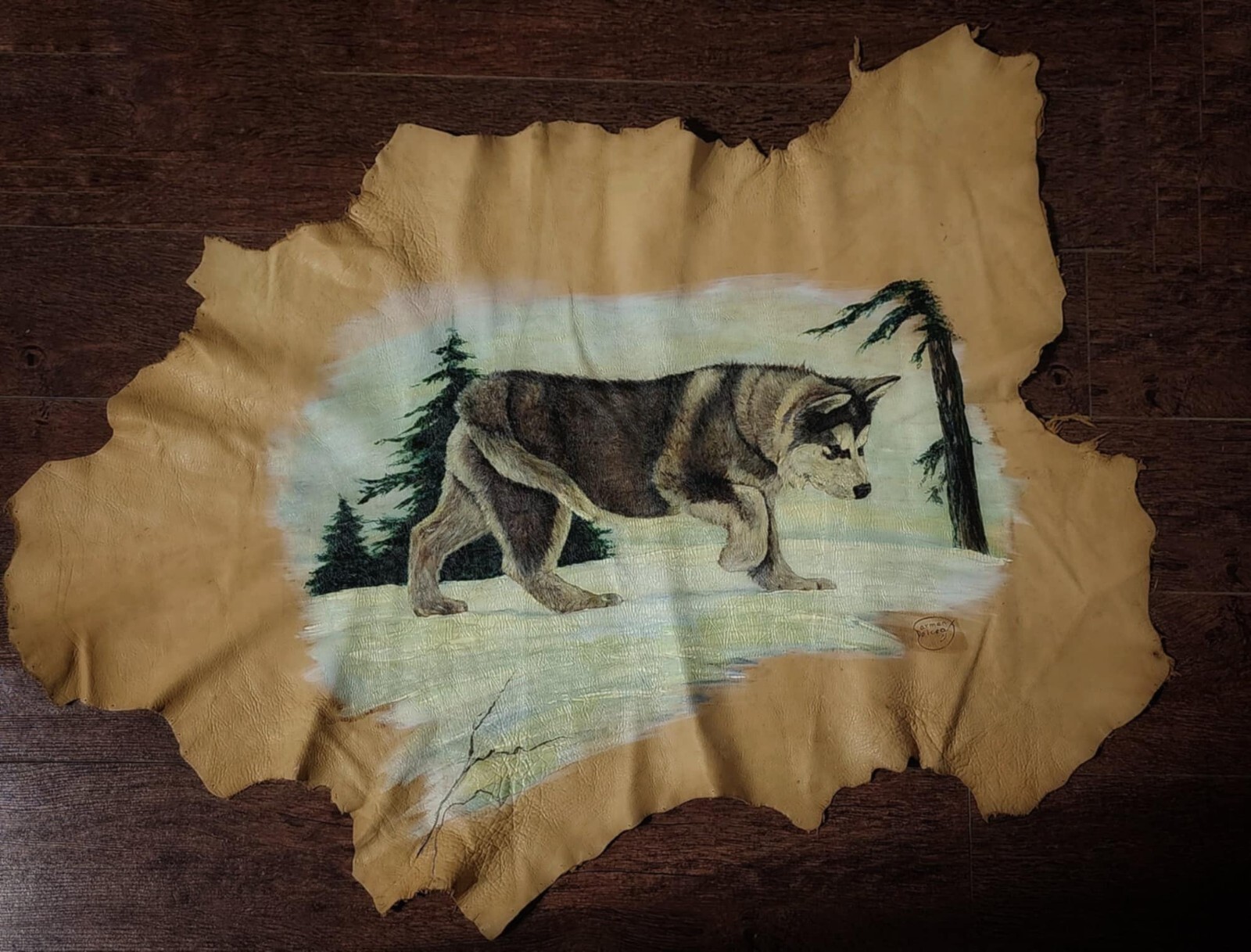 Wildlife Art Painting Huskie Dog Leather Signed Carmen Delceg See Photos
