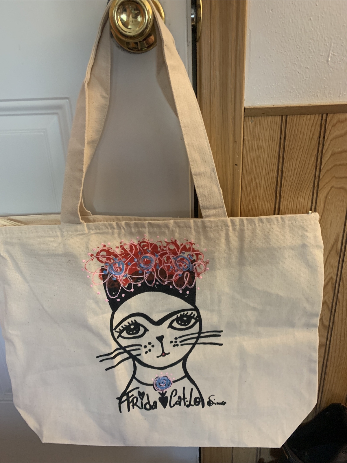 Frida Cat-lo canvas bag, original art, 14.5″T x 19″L x 5″W