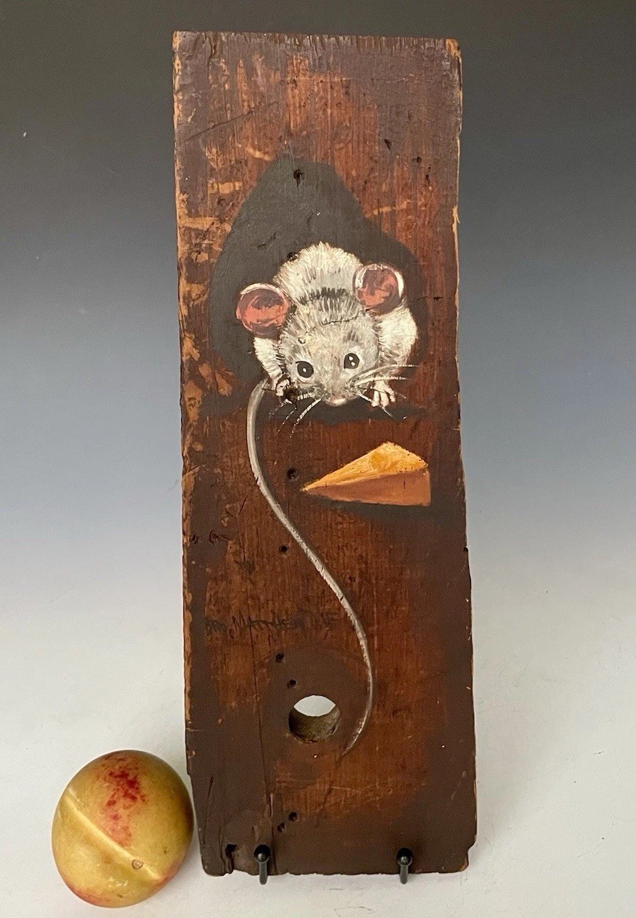 Folk Art Whimsical Mouse & Cheese, Oil on Wood Plank, Signed Brother Matthew OSF