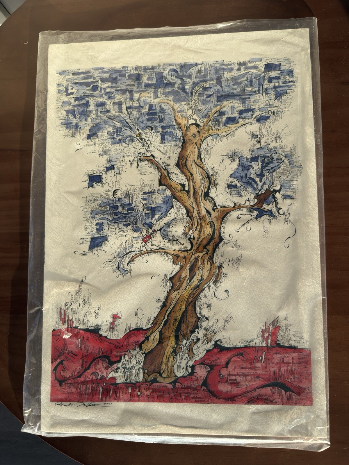 Original Surrealist Musical Tree Painting Mixed Media Ink Watercolor Signed