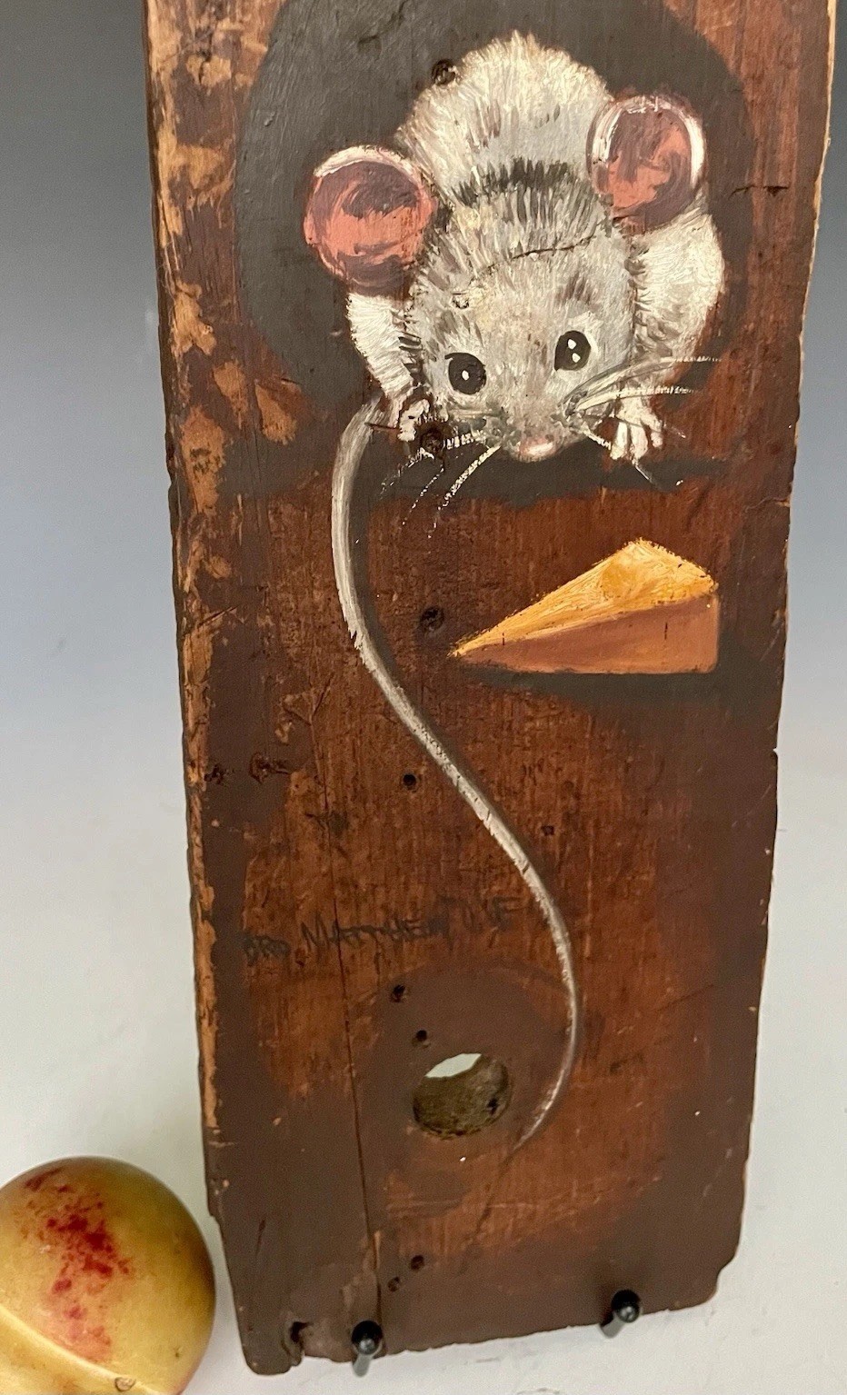 Folk Art Whimsical Mouse & Cheese, Oil on Wood Plank, Signed Brother Matthew OSF