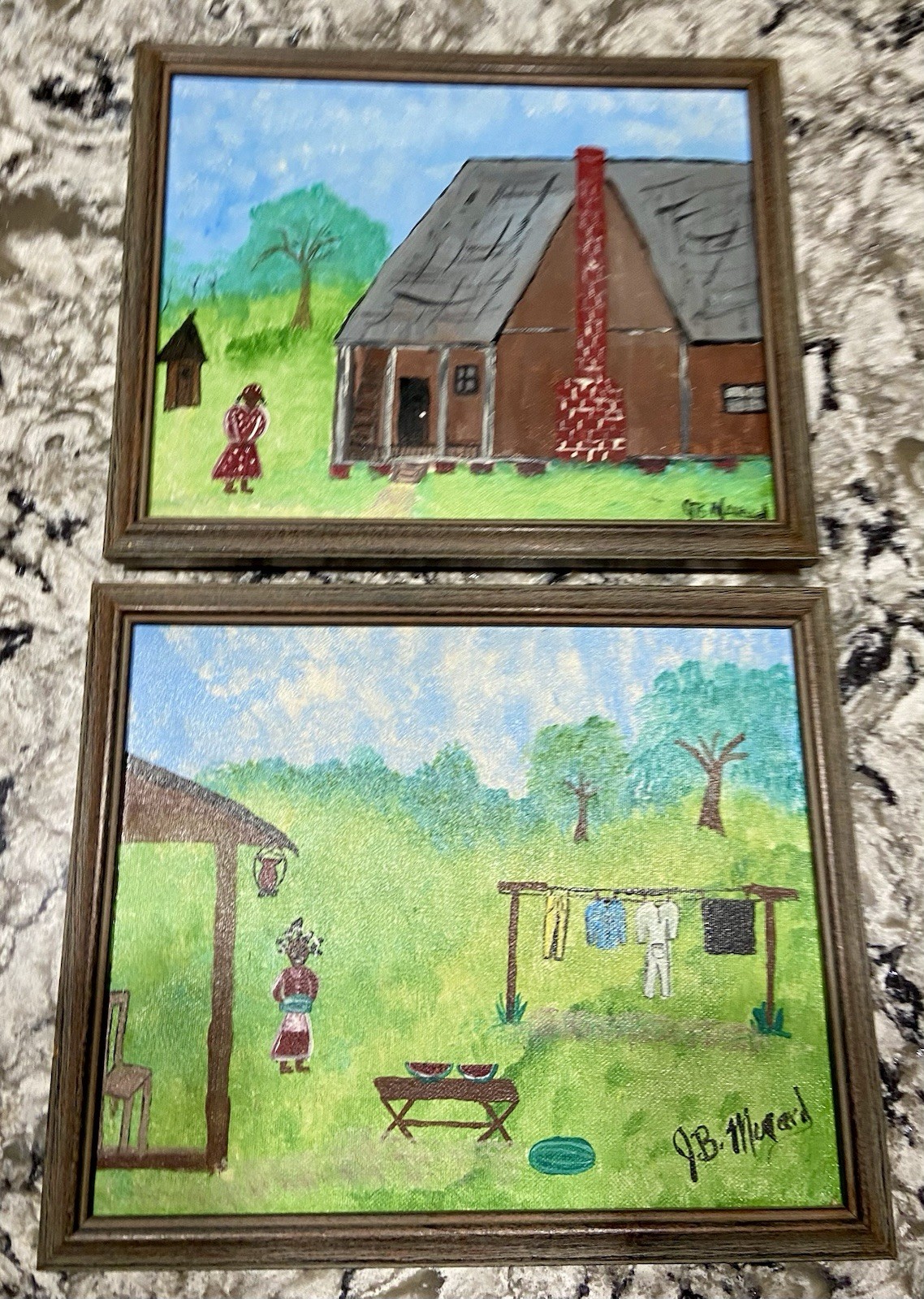 2 VtG Framed Louisiana Folk Art Paintings Rural Black Family JB Menard 9×10.5”